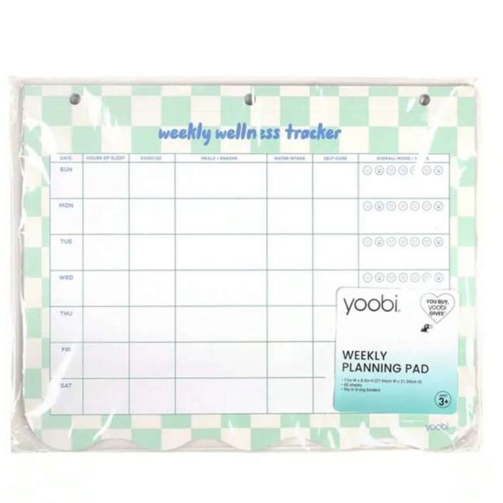 Yoobi Weekly Wellness Tracker Notepad 11"X8.5" Teal And Cream Checker